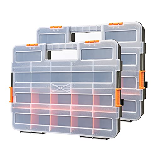 EMENTOL 2PCS Toolbox Organizer Sets, 20 Removable Dividers, Durable Plastic Box, Excellent for Screws, Nuts, Small Parts, 34-Compartment, Black/Orange, 2 Pieces Set