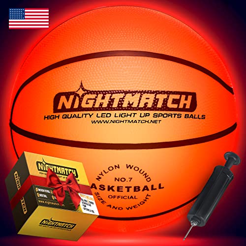 NIGHTMATCH Premium LED Light Up Basketball – Perfect Glow in The Dark Basketball Size 7 with 2 LEDs, 8 Batteries & 1 Pump – Glow Basketball with Water Resistance – Birthday & Christmas Gifts for Kids