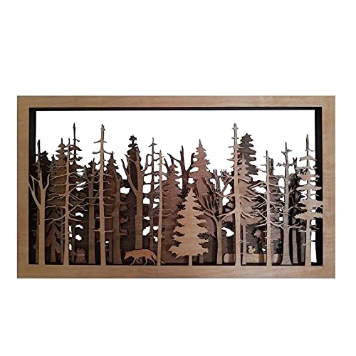 Wooden Wall Art Decor – 12”x 8” The Wide Woods Mysterious Hanging Forest Scene Intricate Rectangle Wood Carved Plaque Sign Decoration for Home Living Room Bedroom Cafe Gallery Office Decor (BR)
