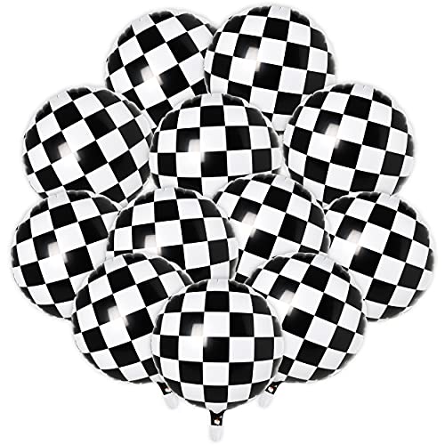 12Pcs 18inch Racing Car Balloon Checkerboard Mylar Balloon Foil Balloon Black White Checkered Helium Balloon for Boy Adult Racing Themed Party Decoration Supply
