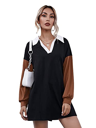 SheIn Women’s Color Block Long Sleeve V Neck Collar Sweatshirt Dress Tunic Black Small
