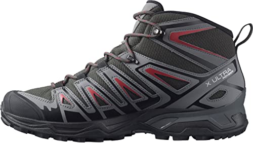 Salomon mens Salomon Men’s X Ultra Pioneer Mid ClimasalomonÂ™ Waterproof Hiking Boots for Men Cycling Shoe, Peat/Quiet Shade/Biking Red, 9.5 US