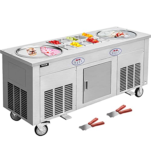 VEVOR Commercial Rolled Ice Cream Machine, 2800W Stir-Fried Ice Cream Roll Maker 2 Pans, Stainless Ice Cream Roll Machine w/ Refrigerated Cabinet 10 Boxes, Yogurt Cream Maker for Bar Café Snack Stand