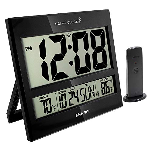 SHARP Atomic Clock – Never Needs Setting! – Jumbo 3″ Easy to Read Numbers – Indoor/Outdoor Temperature Display with Wireless Outdoor Sensor – Gloss Black