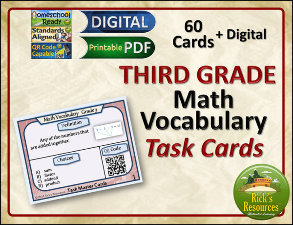 Math Vocabulary Task Cards 3rd Grade Print and Digital Versions