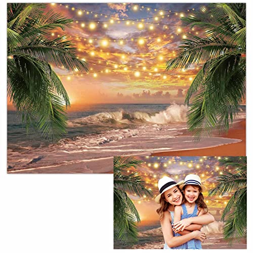 Funnytree 7X5FT Sunset Beach Backdrop Tropical Sea Summer Palm Tree Hawaii Scenery Background Wedding Holiday Aloha Baby Shower Party Supplies Banner Cake Table Decor Photobooth Photo Studio Prop Gift