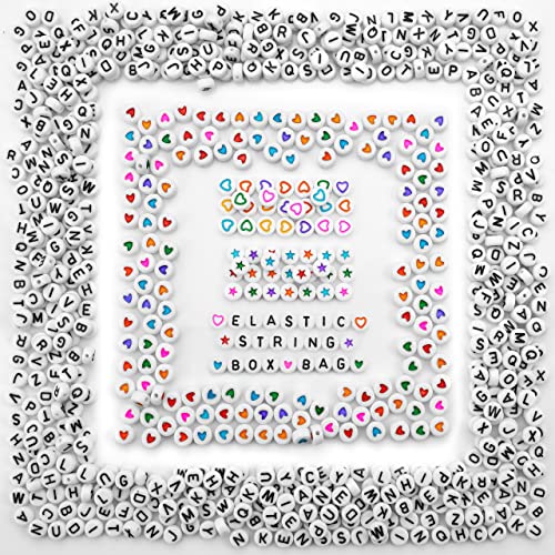 Stylo 800 PCS Letter Beads for Bracelets, Colorful Alphabet Beads for Jewelry Making with Acrylic Round Beads, Heart, Star Charms and 52′ Elastic String Thread
