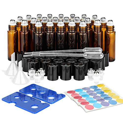 ComSaf Glass Essential Oil Roller Bottles, Set of 24, 10ml Amber Glass Bottles with Stainless Steel Roller Balls, Leakproof Essential Oil Container Kits with Labels, Dropper, for Facial Body Care