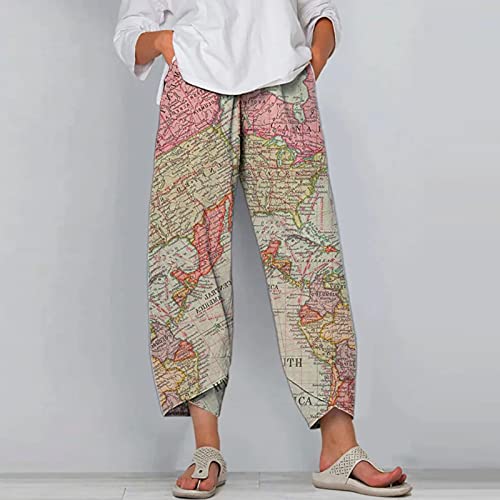 TARIENDY Wide Leg Pants for Women Map Graphic Capri Pants Cotton Linen Sports Cropped Pants with Pocket | The Storepaperoomates Retail Market - Fast Affordable Shopping