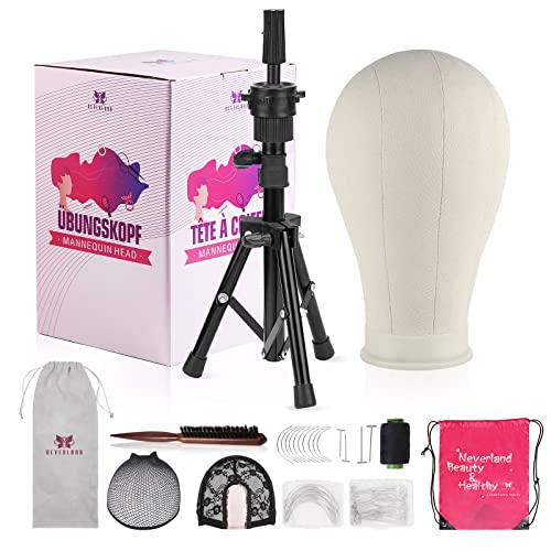 23 Inch Wig Head,Wig Stand Tripod with Head,Canvas Wig Head,Mannequin Head for Wigs,Manikin Canvas Head Block Set for Wigs Making Display with Wig caps,T Pins Set Bristle Brush