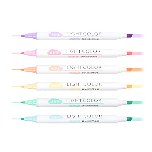 qianshan 6 Macaron Colors Dual Tip Highlighter Marker Pens Set, Watercolor Highlighters with Chisel and Fine Tips Professional Coloring Art Marker for Adult Coloring and Other Drawing Media