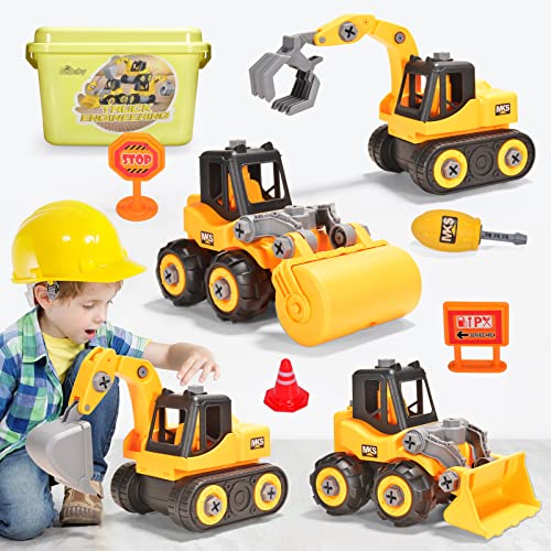 YONGJULE Construction Vehicle Toys, Take Apart Toys for 3 Year Old Boys, Excavator, Bulldozer, Roller, Loader Toy for Kids, Educational Toys Gifts for Children 3 4 5 6 Years Old