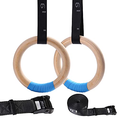 YOELVN Wood Gymnastic Rings with Adjustable Number Suspension Trainer Straps with Cam Buckle 15ft Olympic Rings 32/28mm Heavy Duty 1543/992lbs for Pull Up Bar Workout Exercise Gym Hanging Rings Indoor