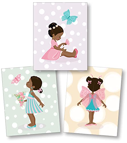 Confetti Fox Little Girl Black Hispanic Latina Wall Art, African American Baby Ballerina Toddler Nursery Decor (8×10 Unframed Set of 3 Prints)