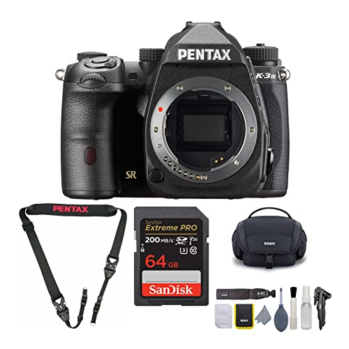 Pentax K-3 Mark III Camera Body (Black) Bundle with Cleaning Kit, Padded Strap, and 64GB SD Card (4 Items)