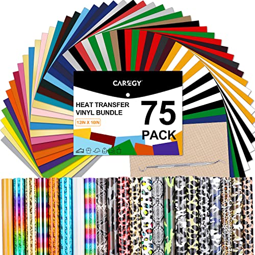 CAREGY HTV Heat Transfer Vinyl Bundle: 75 Pack 12″ x 10″ Iron on Vinyl for T-Shirt, 57 Assorted Colors with HTV Accessories Tweezers for All Cutter Machine or Heat Press Machine