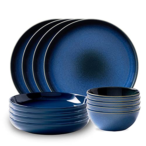 Corelle Stoneware 12-Pc Dinnerware Set, Handcrafted Artisanal Double Bead Plates and Bowls, Solid and Reactive Glazes, Dining Plate Set, Navy