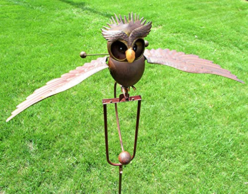 Kinetic Energy Metal Brown Owl Yard Stake Rocking Wind Spinner Whirly-Gig Garden Art