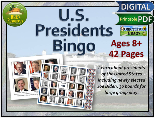 Presidents Bingo Game Print and Digital Versions