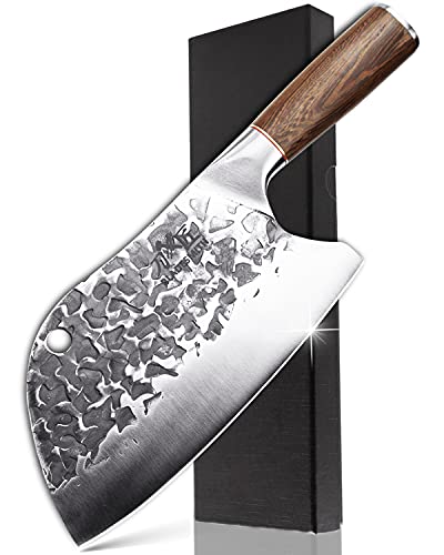 BLADESMITH Serbian Chef Knife, Butcher Knife Forged in Fire，8” Cleaver Knife High Carbon Steel Bone Cutting Knife with Non-Slip Ergonomic Wenge Wood Handle for Kitchen/Restaurant/Slaughter House