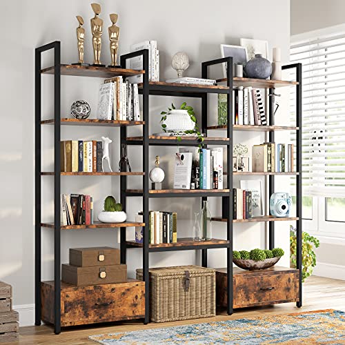 Tribesigns Triple Wide 5-Tier Bookshelf with 2 Drawers, Rustic Etagere Book Shelves Display Shelf for Home Office, Industrial Style Wood and Metal Bookshelf in Living Room, Study, Bedroom (Brown)