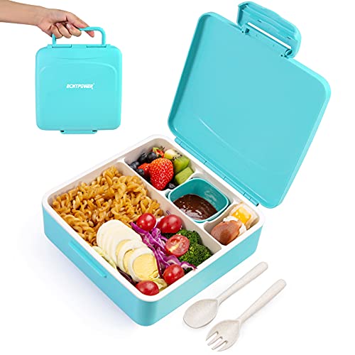 ECHTPower Bento Box, 1.3L Lunch Box with Handle Outer Box for Kids Children, Leak-Proof Lunch Containers with 4 Compartments, Extra Sauce Cup, Cutlery,Food-Safe Materials,Microwave and Dishwasher Safe