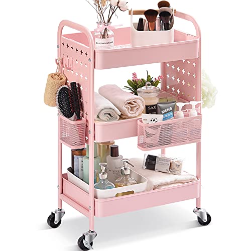 TOOLF 3-Tier Utility cart, Rolling Storage Cart with DIY Dual Pegboards, Art Craft Trolley with Removable Baskets Hooks, Organizer Serving Cart Easy Assemble for Office, Home, Kitchen, Kids’ Room,PINK
