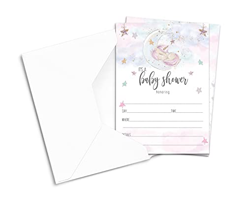 Unicorn Baby Shower Invitations Girls (25 Pack) Fill-In Invites for Pink Baby Shower, Gender Reveal, Sprinkle – Star and Moon Theme Rainbow – Blank Invitation with Envelopes 5×7 Printed Cards