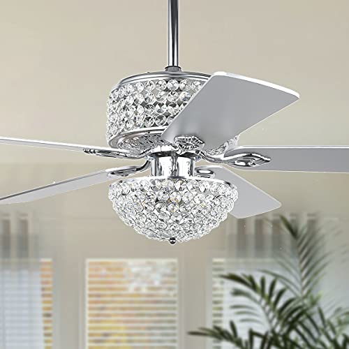 Crystal Ceiling Fan with Lights, 52” Modern Chandelier Fan with Remote Control, Quiet Fandelier with Reversible Dual Finish Blades, Indoor Fan Perfect for Living Room Dining Room, Bedroom, Silver