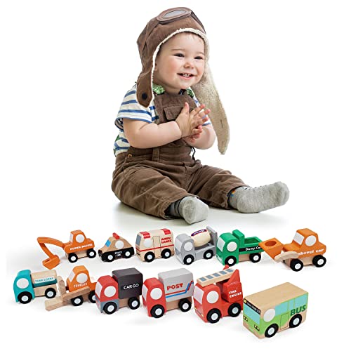 TEKOR 12 Pcs Wooden Toy Car Set for Kids – Montessori Toy Vehicle Set – Mini Police Car, Fire Truck, Ambulance Set – Wood Car Set for Skill and Motor Development, Smooth, No Rough Edge