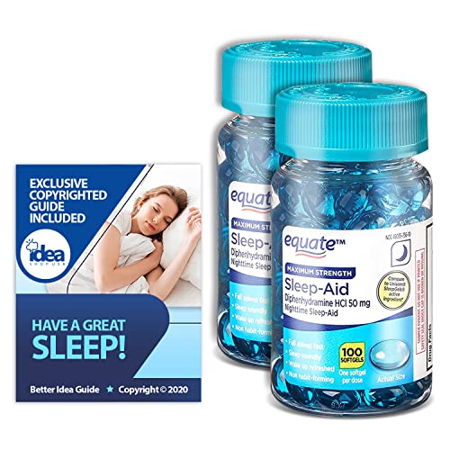 Equate Maximum Strength Sleep-Aid Softgels 50mg, 100 Ct (2 Pack) Bundle with Exclusive “Have a Great Sleep” – Better Idea Guide (3 Items)