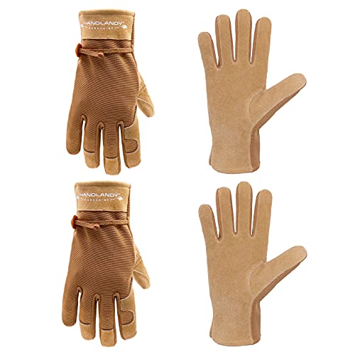 Womens Leather Work Gloves, 2 Pairs Cowhide Gardening Gloves Breathable Utility Work Gloves for Driver, Mechanics, Construction, Yardwork (Medium, Brown)