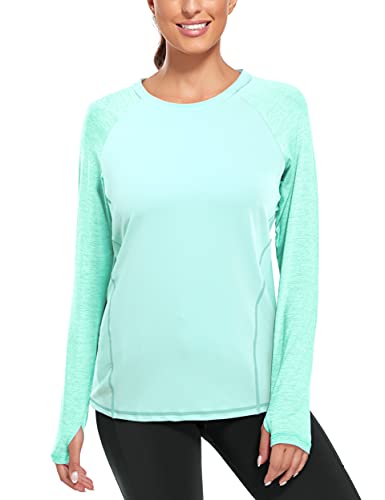 CHICHO Quick Dry Cool Running Fishing Shirts Women Long Sleeve Thumb Holes, Workout Fitness Tops Outdoor Camping Water Rash Guard Tennis Cozy Breathable Apparel Clothes Green L