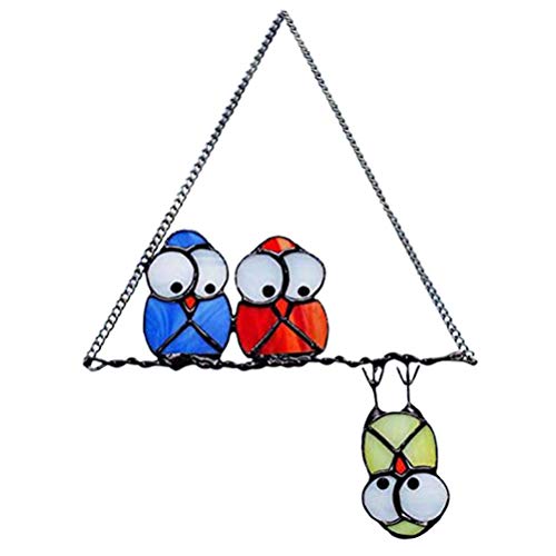 Bticx Metal Owl Hanging Decor, Bird Sculpture Hanging Window Decoration, Funny Cute Suncatcher with 3 Owls for Indoor Outdoor Home Garden Bedroom Car Charms