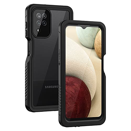 Lanhiem Samsung Galaxy A12 Case, IP68 Waterproof Dustproof Case with Built-in Screen Protector, Full Body Heavy Duty Shockproof Protective Cover for Galaxy A12 6.5 Inch (Black/Clear)