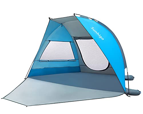 Sunhigo Beach Tent Sun Shelter 3-4 Person UPF 50+ Beach Sun Shade Tent Portable Double-Door Beach Sunshade Umbrella Tent with Extendable Floor, 2 Large Mesh Windows, Water Repellent and Easy Setup