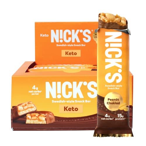 Nick’s Swedish Style Protein Snack Bar, Chocolate Peanut Keto Protein Bar, 15g Protein, Low Carb, Low Sugar, Meal Replacement Bar, Keto-Friendly Snack, 12-Count