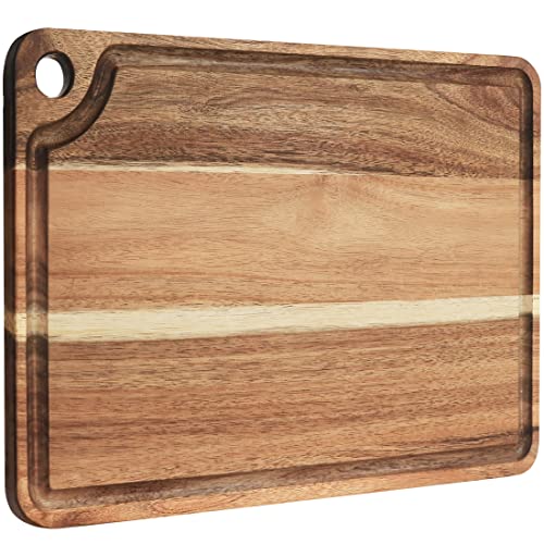 AZRHOM Large Wood Cutting Board for Kitchen 18×12 with Juice Groove Handle Non-slip Mats Hanging Hole for Meat Vegetables Cheese Chopping Board Butcher Block (Acacia)