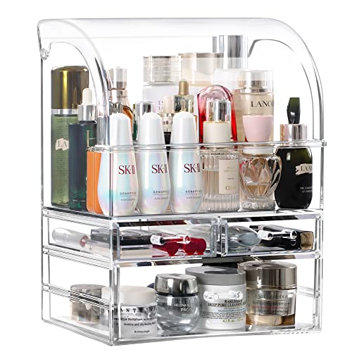 Mayyol Professional Acrylic Makeup Organizer with Lid Dust Water Proof, Thicker Skin Care Cosmetic Display Case with 3 Drawers, Vanity Countertop Make Up Organizator for Jewelry & Perfume, Clear