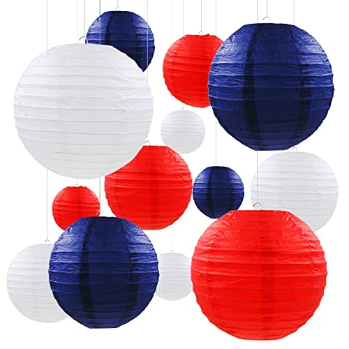 PheiLa 12 Pcs Patriotic Paper Lanterns 4th of July Decorative Round Hanging Paper Lanterns Red White Blue Decorations for Fourth of July Independence Day Graduation Wedding Holiday Party Decoration
