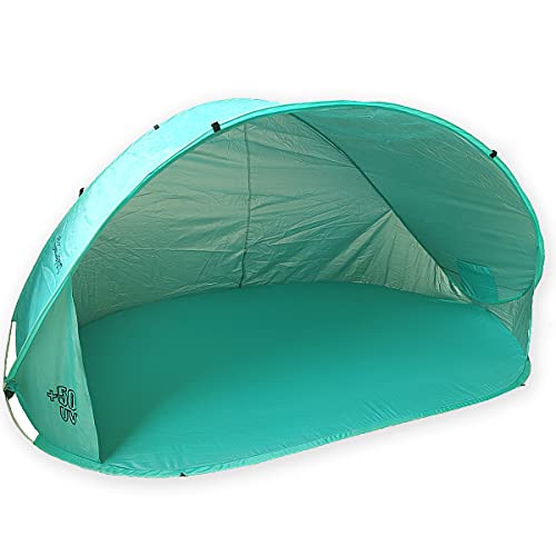 HIHIYO Pop Up Beach Tent, Instant Automatic Beach Shade Sun Shelter for 3-4 Person, UPF 50+ Protection, Portable Beach Shelter with Carrying Bag, 8 Steel Stakes, 4 Guy Lines, Easy Set Up(Turquoise)