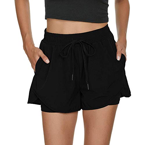 Sdeycui Women’s Workout Fitness Running Shorts Double Layer Active Yoga Gym Sport Shorts(Black, L)