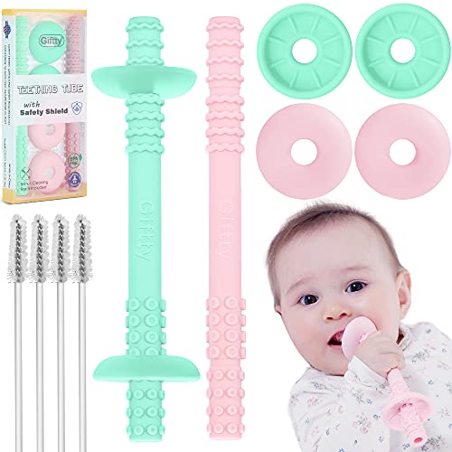 Teething Tube with Safety Shield Baby Hollow Teether Sensory Toys Gum Massager, Food-Grade Silicone for Infant 3-12 Months Boys Girls, 1 Pair with 4 Cleaning Brush Included (Pink+Mint)