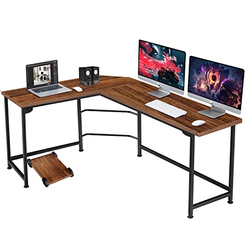 VECELO Large Corner Computer Desks,66.3X18.9 inch L-Shaped with CPU Stand/PC Laptop Study Writing Table Workstation for Home Office Wood & Metal, Walnut