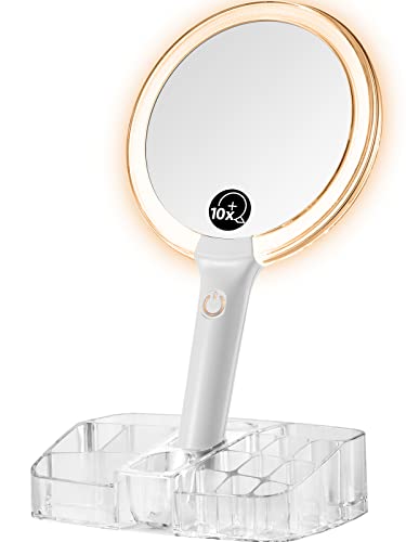 OMIRO Hand held 1X/10X Magnifying Mirror with Light, Double Sided Makeup Mirror with Storage