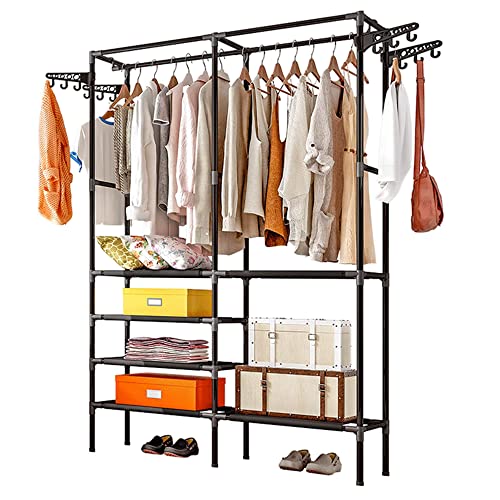 Sasoiky Garment Rack,Shoe Clothing Organizer Shelves,Freestanding Multifunctional Clothes Wardrobe- Closet with Hooks (Black)