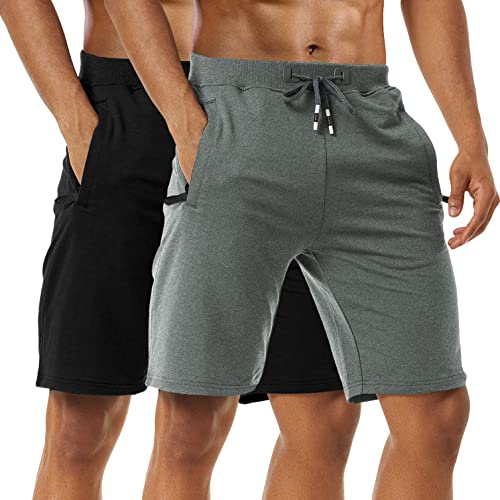 Boyzn Men’s 2 Pack Casual Shorts Comfortable Cotton Workout Shorts Elastic Waist Joggers Gym Running Shorts with Zipper Pockets Black/Dark Grey-L