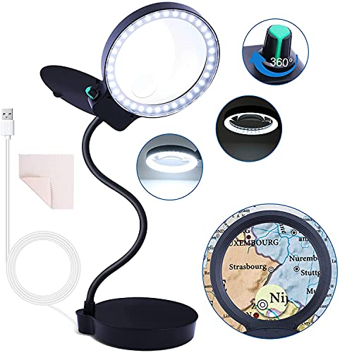 Magnifying Glass with Light and Stand, 10X 20X Magnifying Desk Lamp with Brightness Stepless Dimmable, Adjustable Gooseneck for Reading, Close Work, Hobbies