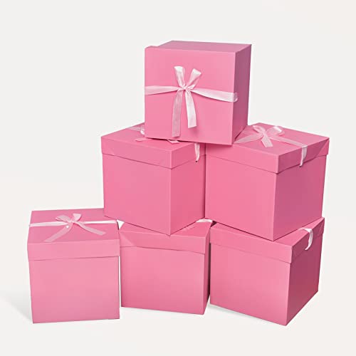 6 Pcs Large Gift Boxes with lids,Beautiful Squared Boxes with Lids Perfect for Weddings, Birthday, Graduations, Holidays, Christmas, Valentines Day (Pink, 10”×10”×10”)