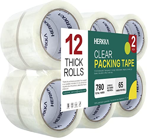 HERKKA Clear Packing Tape, 12 Rolls Heavy Duty Packaging Tape for Shipping Packaging Moving Sealing, Thicker Clear Packing Tape, 2 inches Wide, 65 Yards Per Roll, 780 Total Yards